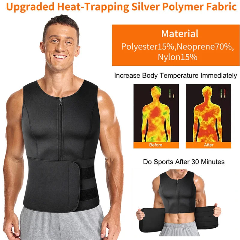 Men Neoprene Sauna Zipper Waist Trainer Corset Vest Belly Trimmer Compression Body Shaper Shirts Slimming Belt Faja Shapewear