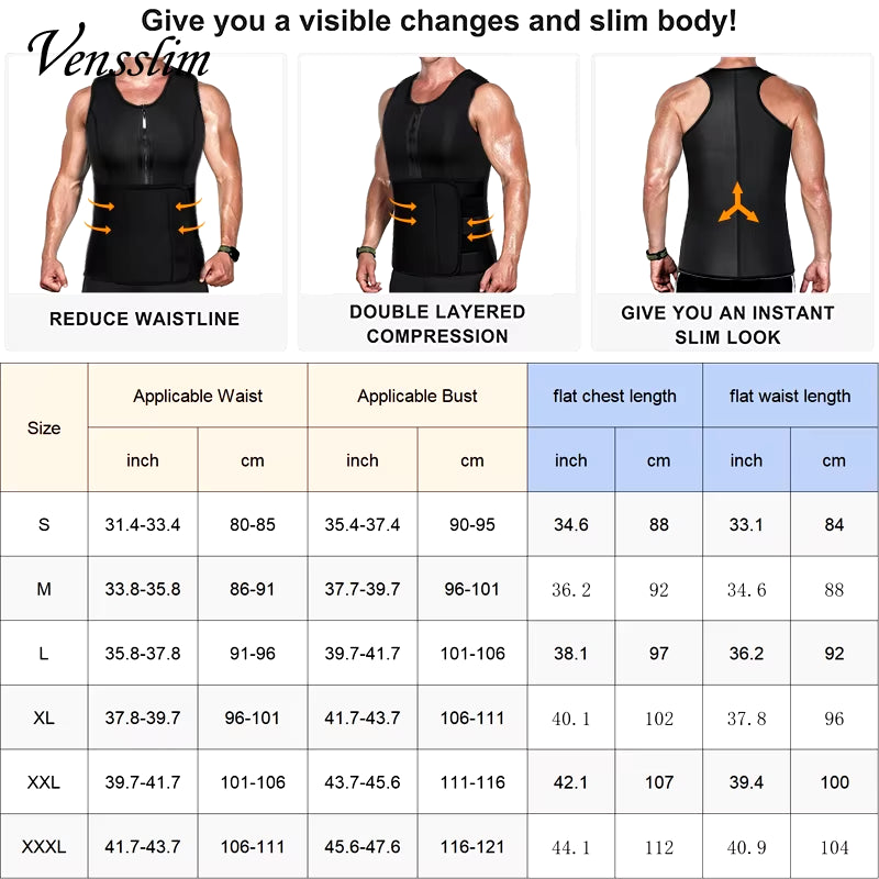 Men Neoprene Sauna Zipper Waist Trainer Corset Vest Belly Trimmer Compression Body Shaper Shirts Slimming Belt Faja Shapewear